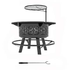 Fire Pit, 33 in. Outdoor Wood Burning Fire Pit with Adjustable Grate, Pan and Poker, BBQ for Camping, Heating, Picnics