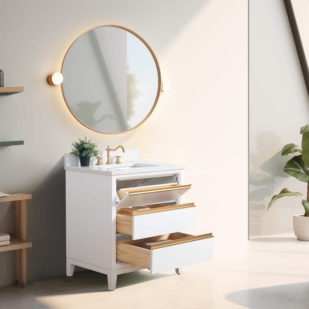 White Poplar Wood Single Bathroom Vanity with Marble Top