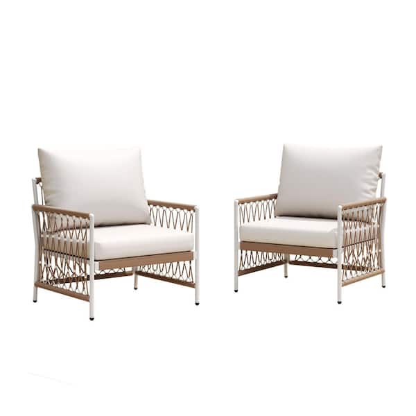 Natural Metal Outdoor Lounge Chair with Beige Cushions for Patio, Garden, Poolside (2-Pack)