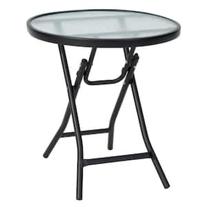 18 in. Round Black Metal Outdoor Bistro Table Folding Patio Side Table with Rustproof Frame and Tempered Glass Table Top