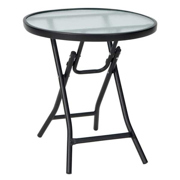 Clihome 18 in. Round Black Metal Outdoor Bistro Table Folding Patio Side Table with Rustproof Frame and Tempered Glass Table Top