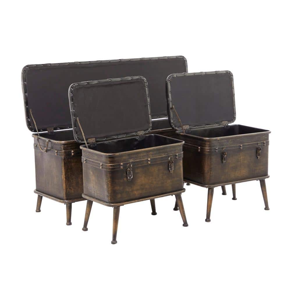 Brown Metal Storage Bench with Tufted Faux Leather Set