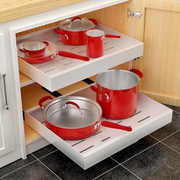 Pull-Out Sliding Storage Rack (Set of 2) White Standing Pot Rack, No-Drill Adjustable Shelf with Metal, Non-Slip Drawers