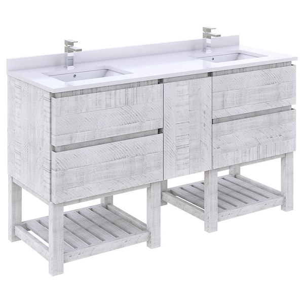 Fresca Formosa 60 in. Double Sink Freestanding Open Bottom Rustic White Bath Vanity with White Quartz Top and Ceramic Sink