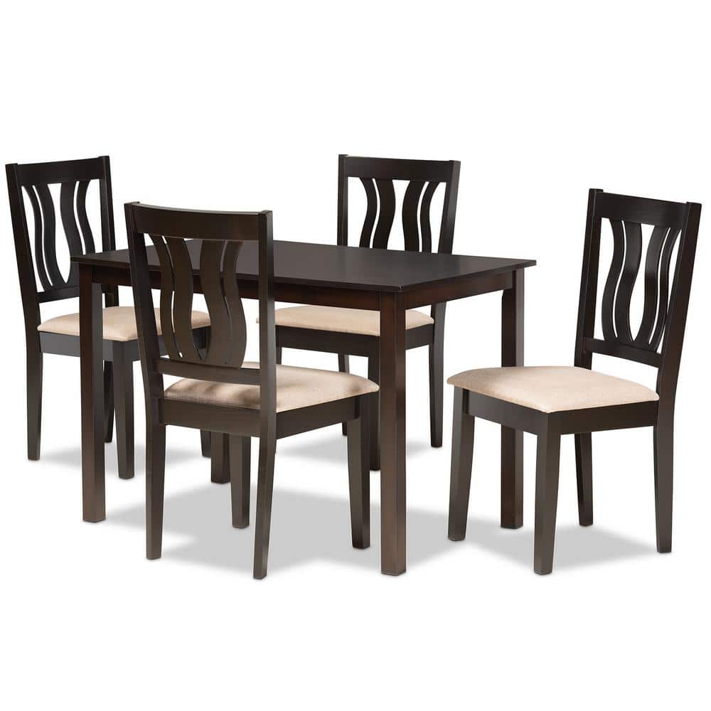 Fenton Dark Brown Wood and Sand Fabric 5-Piece Dining Set
