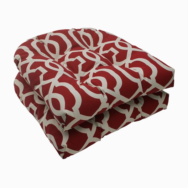 Pillow Perfect 19 in. x 19 in. Outdoor Dining Chair Cushion in Red/Ivory (Set of 2)