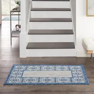 Garden Party Ivory Blue 2 ft. x 4 ft. Bordered Transitional Indoor/Outdoor Patio Kitchen Area Rug