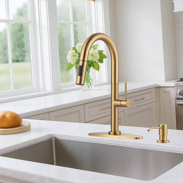 Gooseneck High Arc Single Handle Pull Down Kitchen Faucet with 2 Modes Sprayer and Soap Dispenser in Brushed Gold