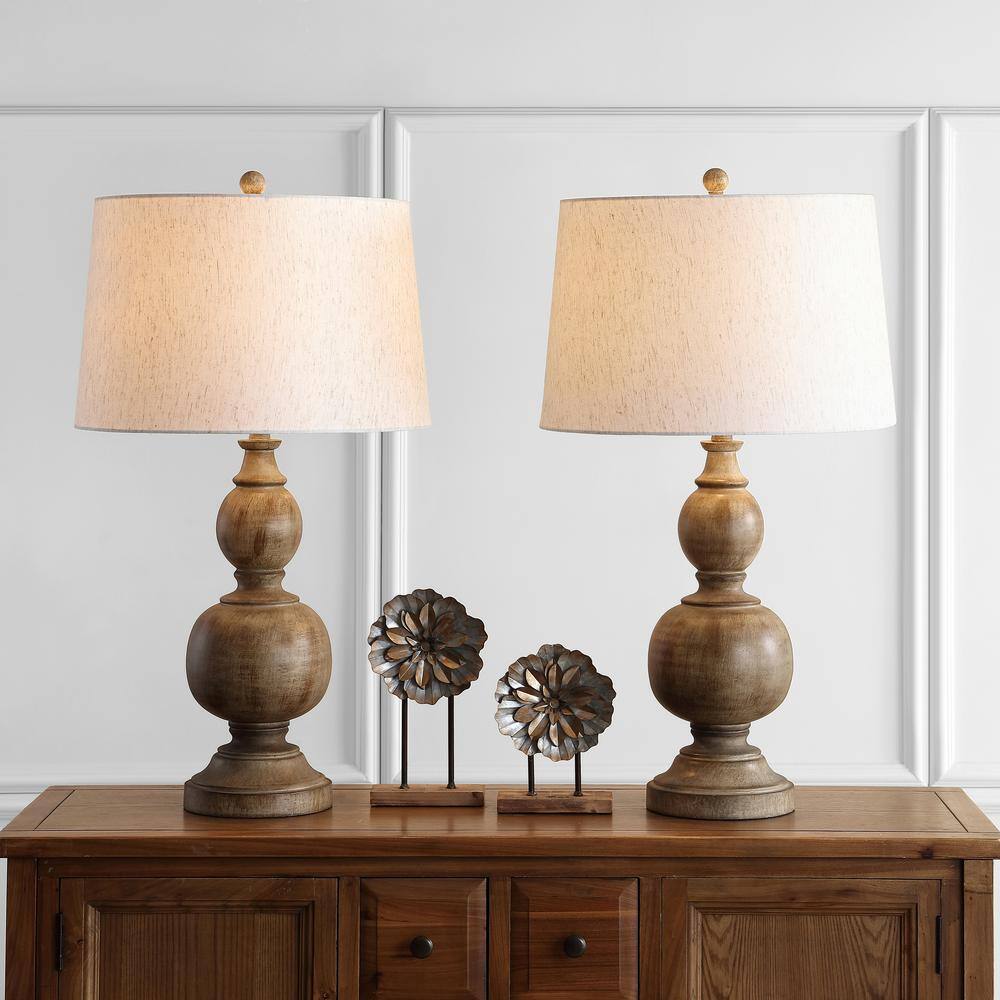 Araceli Traditional Carved Wood-Inspired Table Lamp Set, Brown and White