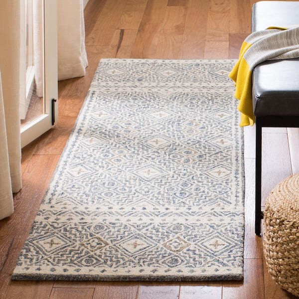 Micro-Loop 2 ft. x 7 ft. Blue/Ivory Geometric Runner Rug