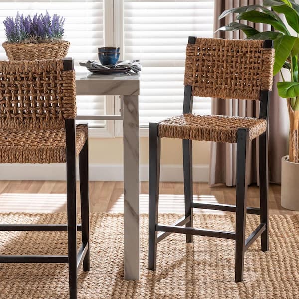 Alise Seagrass and Dark Brown Mahogany Wood Bar Stool
