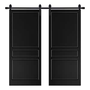 Modern 3-Panel Designed 48 in. x 84 in. MDF Panel Black Painted Double Sliding Barn Door with Hardware Kit
