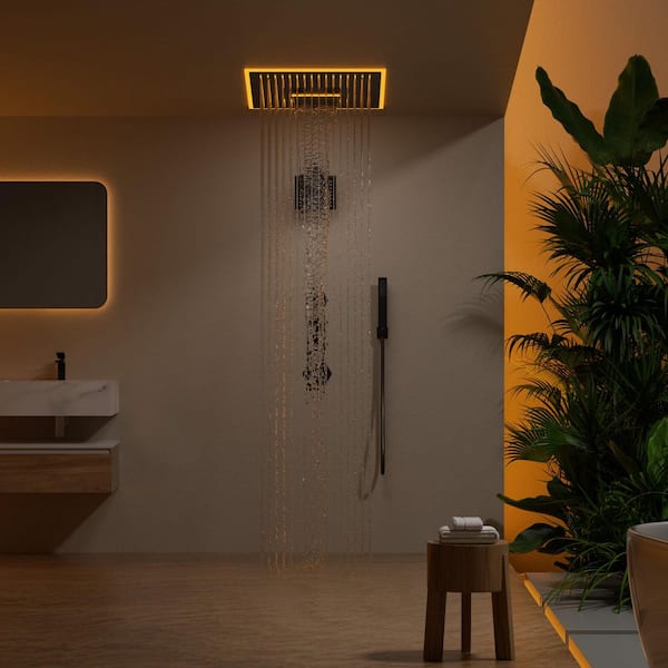 AuroraMist 16 in. LED 17-Spray Dual Ceiling Mount Fixed and Handheld Shower Head 2.5 GPM in Matte Black