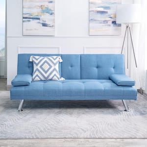 65.75 in. Square Arm Linen Rectangle Convertible Sofa in Robin Egg Blue