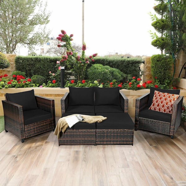 SUNRINX 5-Piece Patio Rattan/Wicker Outdoor Sectional Set with Black Cushions