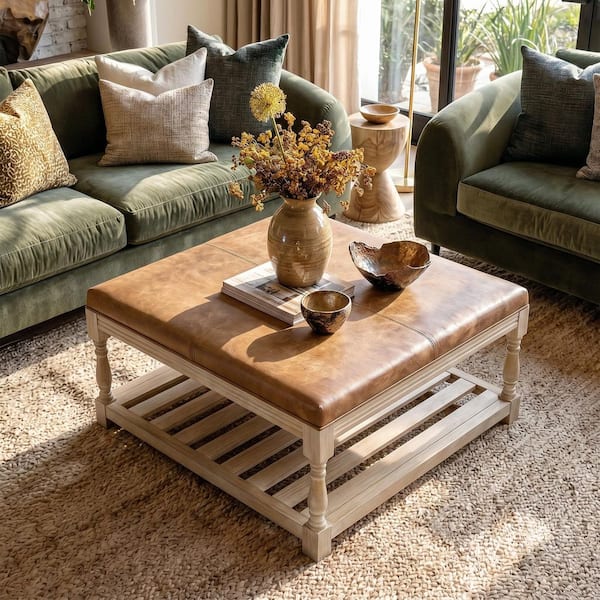Homsee Natural Wood Brown Leather Square 31.5 in. Ottoman with
