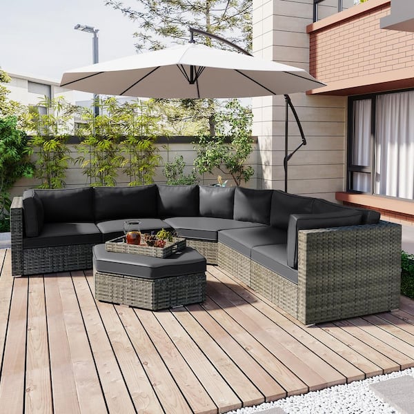 Sudzendf Gray 6-Piece Wicker Outdoor Sofa Sectional Set with Gray Cushions and Small Trays