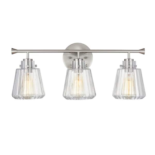 KAWOTI 22 in. 3-Light Brushed Nickel Vanity Light with Rippled Glass Shade