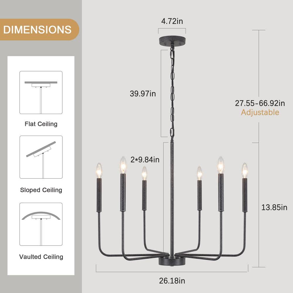 Rustic Black Metal 6-Light Candle Chandelier