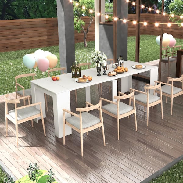 10 ft. White Extendable Console Table Weather Resistant Outdoor Dining Table with Leaves for Patio