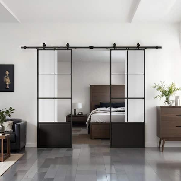 84 in. x 84 in. 3/4-Lite Clear Glass Black Steel Frame Double Sliding Barn Door with Hardware Kit and Soft Close