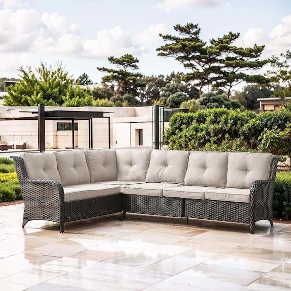 Opohoro Brown Wicker Outdoor Sectional Sofa, 6-Seater L-Shaped Patio Couch with Beige Cushions for Deck Backyard Sunroom