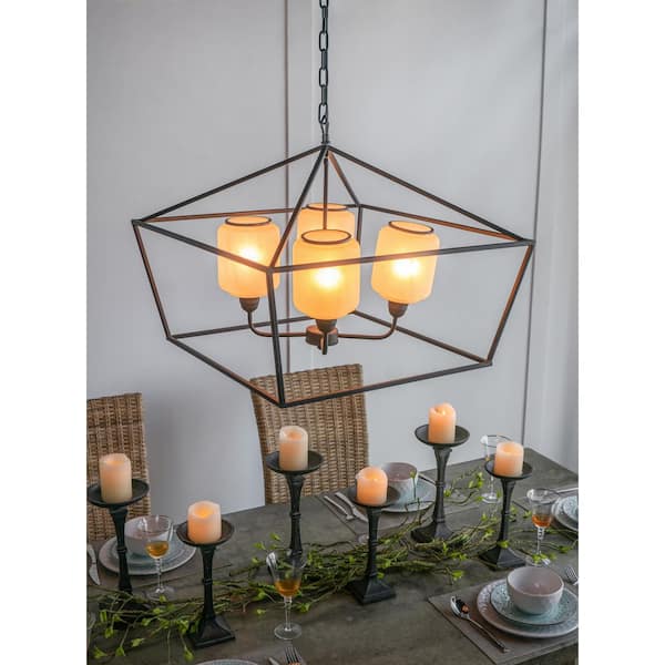 CottaIron 4-Light Industrial Black Geometric Shape Iron Chandelier for Dining Room, Entryway with No Bulbs Included.