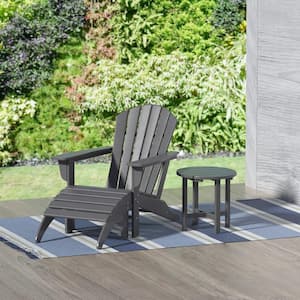 Mason Gray 3-Piece Poly Plastic Outdoor Patio Classic Adirondack Fire Pit Chair With Ottoman, Side Table Set