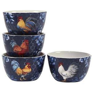 24 oz. 5.25 in. Assorted Colors Earthenware Indigo Rooster Ice Cream Dessert Bowl (Set of 4)