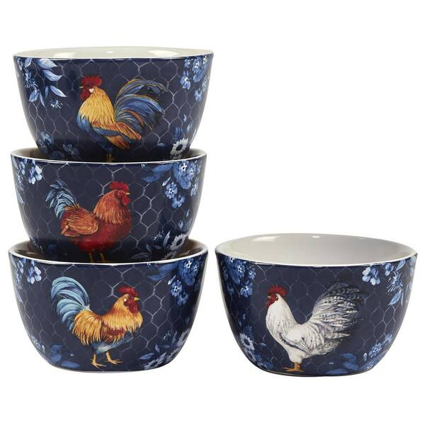 Certified International 24 oz. 5.25 in. Assorted Colors Earthenware Indigo Rooster Ice Cream Dessert Bowl (Set of 4)