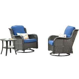 Oreille Brown 3-Piece Wicker Patio Conversation Swivel Rocking Chair Set with a Side Table and Navy Blue Cushions