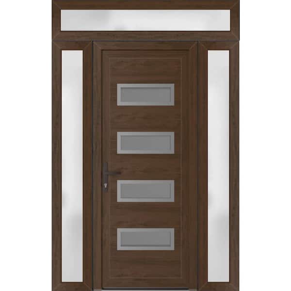 56 in. x 94 in. Right-hand/Inswing Frosted Glass Walnut Steel Prehung Front Door with Hardware