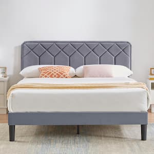 Bed Frame with Upholstered Headboard, Gray Metal Frame Queen Platform Bed with Strong Frame and Wooden Slats Support