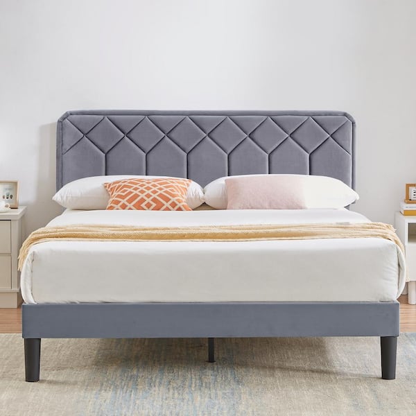 VECELO Bed Frame with Upholstered Headboard, Gray Metal Frame Queen Platform Bed with Strong Frame and Wooden Slats Support