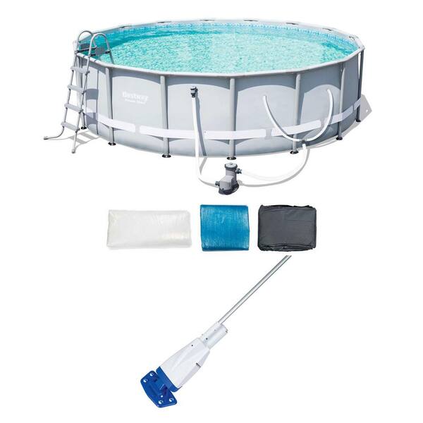Bestway 16 ft. Round 48 in. Deep Hard Side Steel Frame Pool Set plus Aqua Powercell Handheld Pool Vacuum