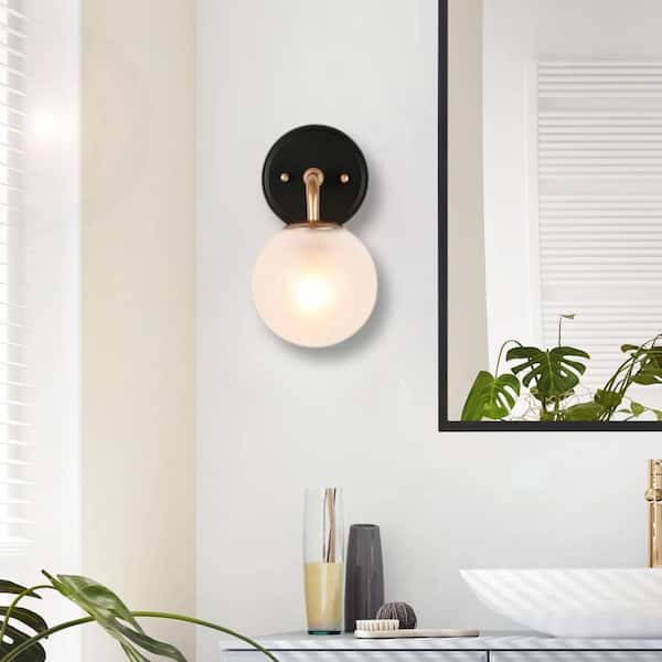 Modern 5.5 in. 1-Light Vintage Gold Wall Sconce with Matte Black Accents and Frosted Glass Globe Shade