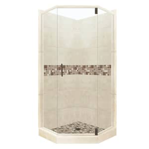 Tuscany Grand Hinged 32 in. x 36 in. x 80 in. Left-Cut Neo-Angle Shower Kit in Desert Sand and Old Bronze Hardware