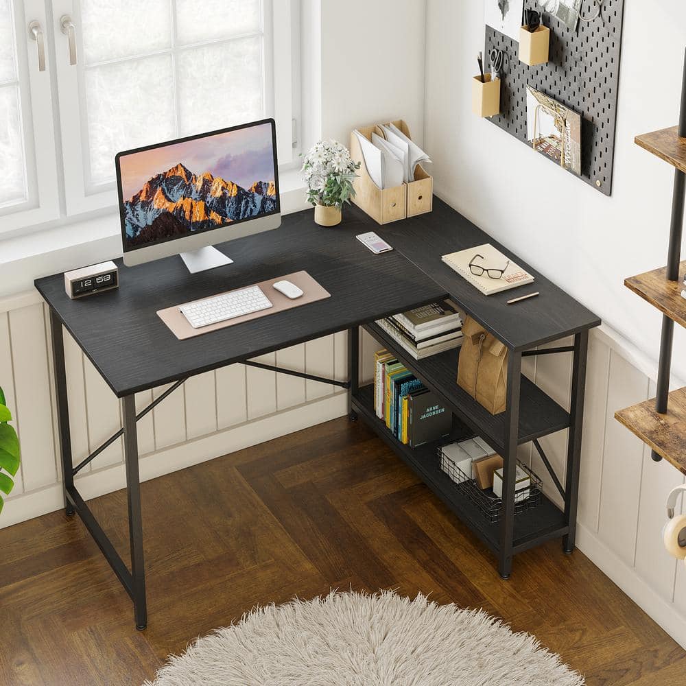 52 Corner Desk, Small Computer Desk with Power Outlets, Gaming Desk with  LED Lights, Home Office Desk with Storage for Small Space, Black 