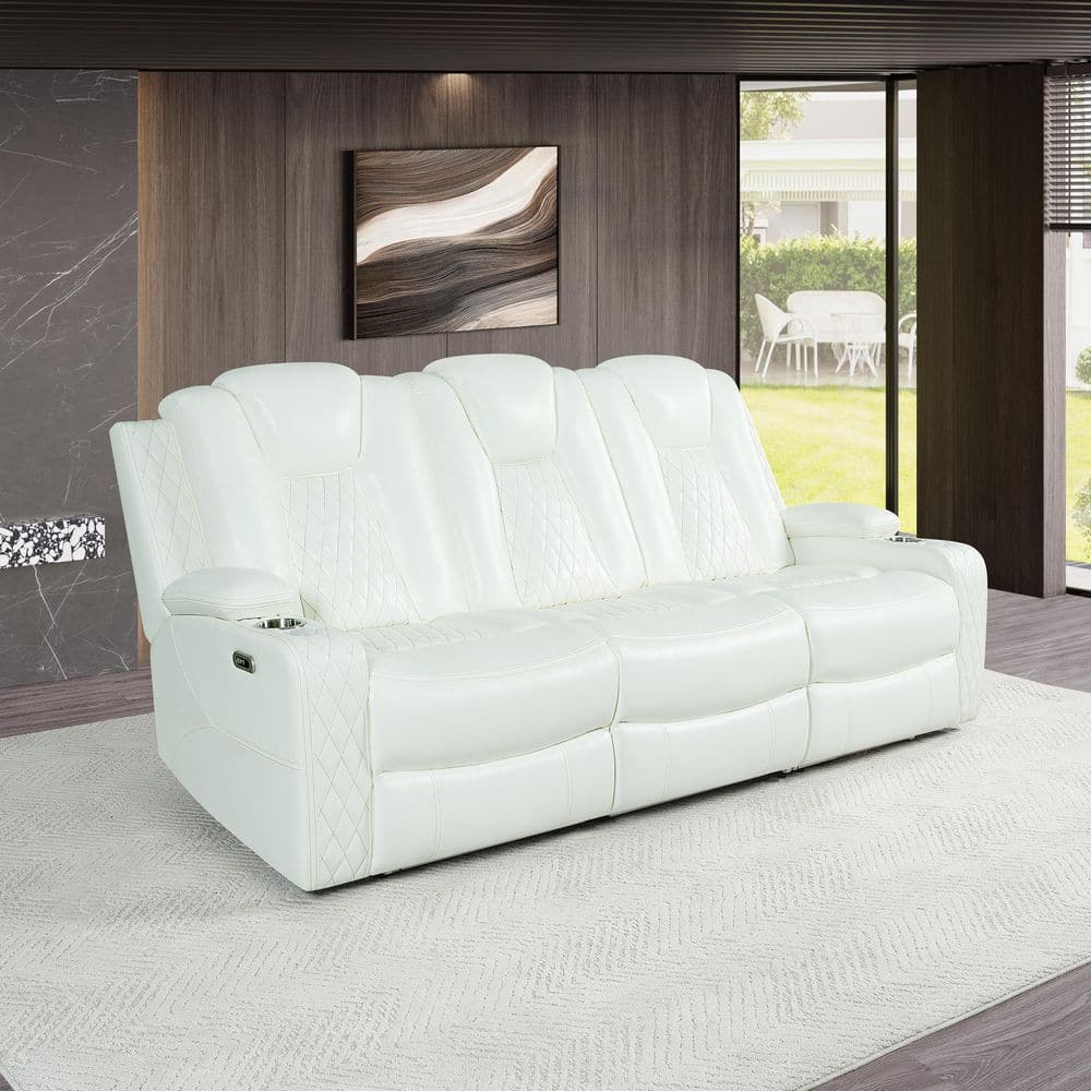 84.25 in. Round Arm 1-Piece Faux Leather Modular Adjustable Headrests and Speakers Sectional Sofa in White Sofa price history on PriceWatchPro