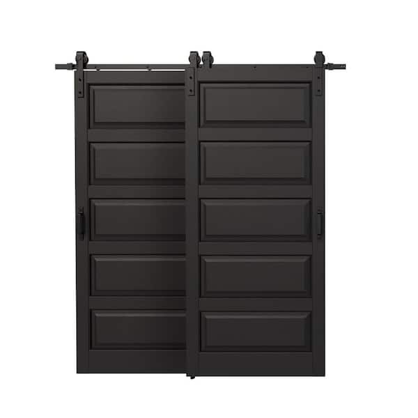72 in. x 84 in. Black Water Proof and MDF, Need to Assemble Double 5 Panel Bypass Sliding Barn Door with Hardware Kit