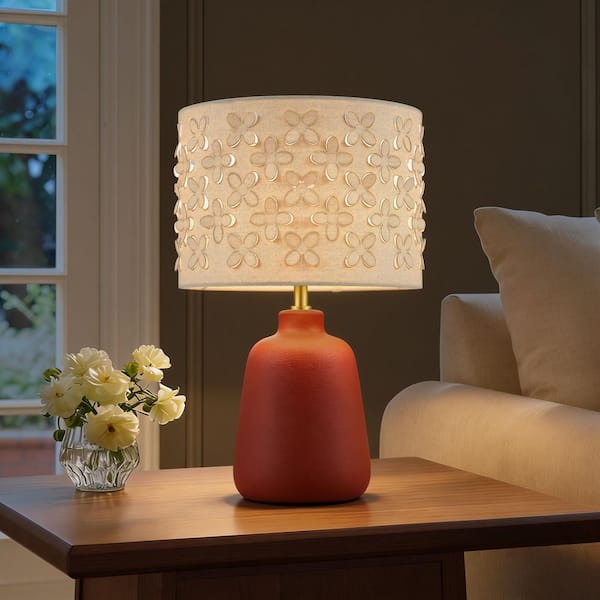 17.25 in. Modern Red Ceramic Table Lamp with Beige Linen Shade for Living Room and Bedside