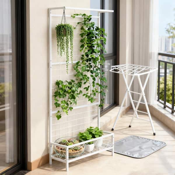 Jushua White Plant Holder,Metal Tall Plant Stand with Trellis and