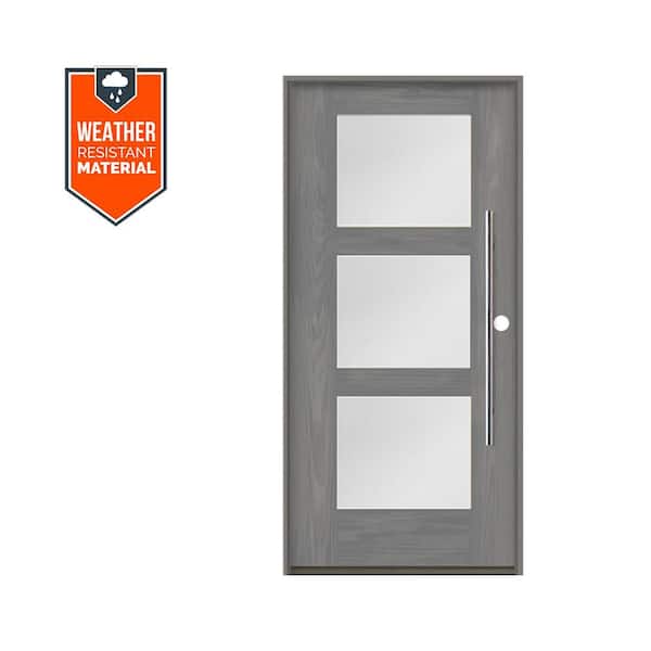 Krosswood Doors Modern Faux Pivot 36 in. x 79 in. 3-Lite Left-Hand/Inswing Satin Glass Malibu Grey Stain Fiberglass Prehung Front Door