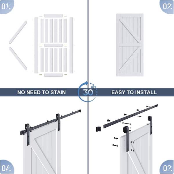 36 in. x 84 in. British K Shape White MDF Sliding Barn Door with Hardware Kit