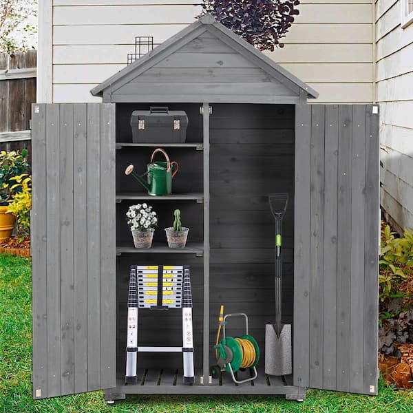 BTMWAY Gray 3.3 ft. W x 1.8 ft. D Solid Wood Outdoor Storage Shed, Tool Storage Cabinet with Detachable Shelves (5.9 sq. ft.)