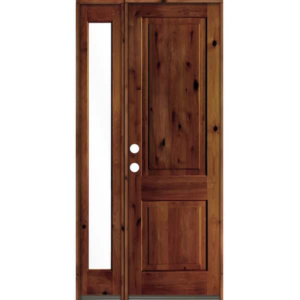 Krosswood Doors 44 in. x 96 in. Rustic knotty alder Right-Hand/Inswing Clear Glass Red Chestnut Stain Wood Prehung Front Door w/Sidelite