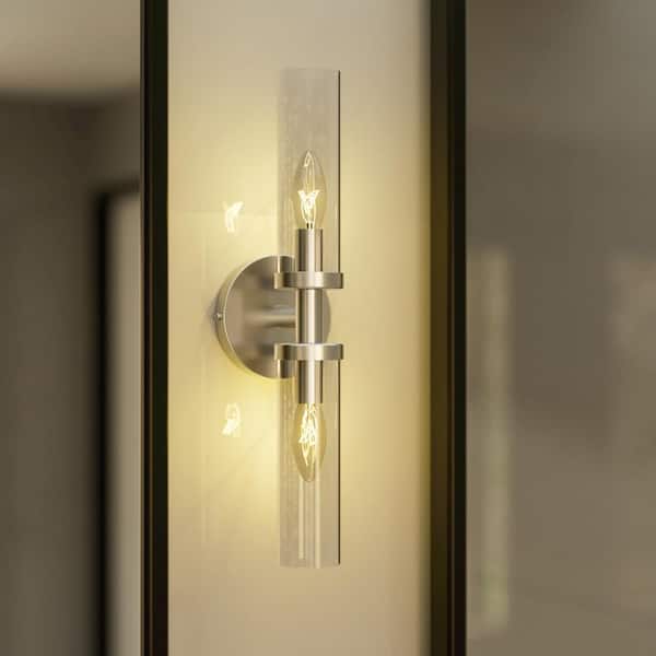 Asherton 4.7 in. Modern 2-Light Brushed Nickel Dimmable Vanity Light with Clear Glass Shade