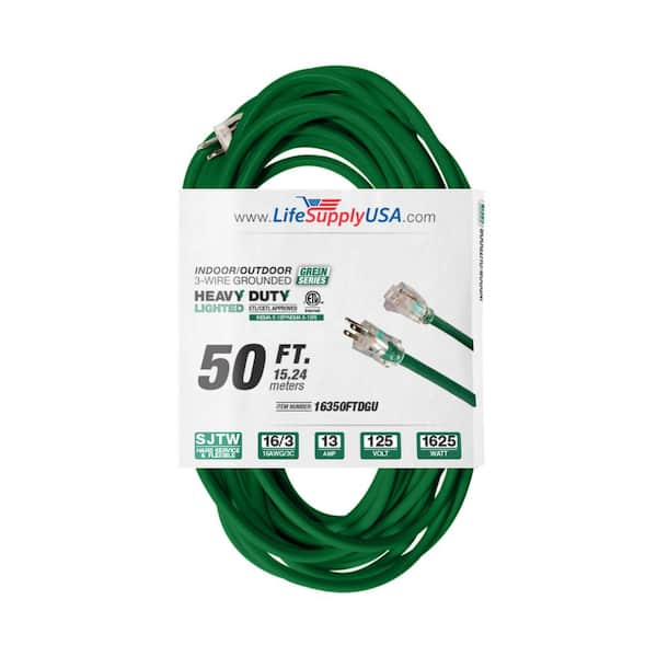 LifeSupplyUSA 50 ft. 16/3 SJTW 13 Amp 125-Volt 1625-Watt Dark Green Indoor/Outdoor Heavy-Duty with Lighted End Extension Cord