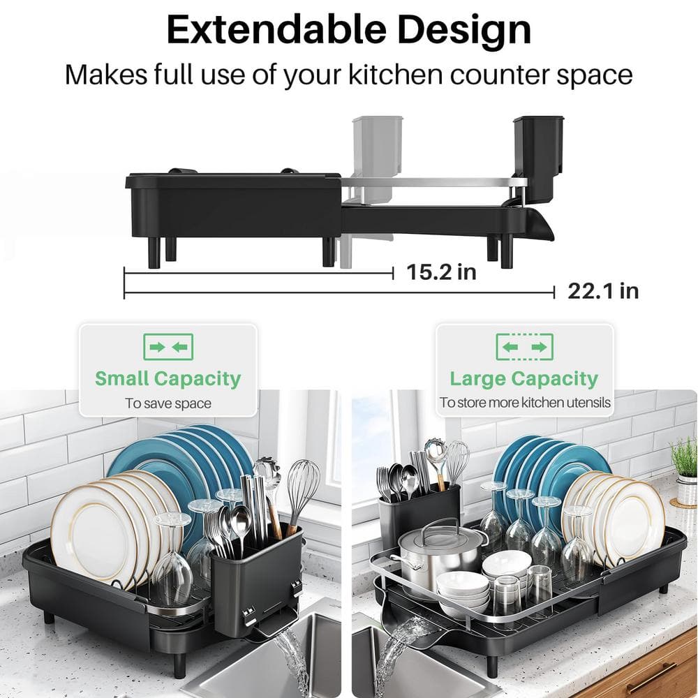 Black Stainless Steel Expandable Dish Rack with Utensil Holder