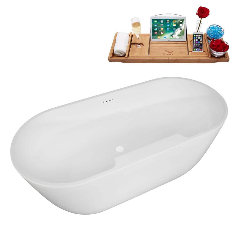 63" Glossy White Acrylic Freestanding Soaking Bathtub with Bamboo Tray